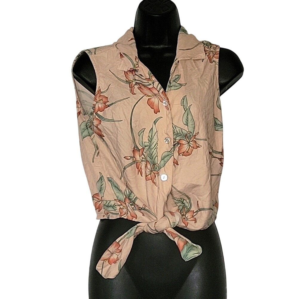 TOMMY BAHAMA BeachyFloral Sleeveless Tie-Front Button-Up Top Blouse Shirt Casual